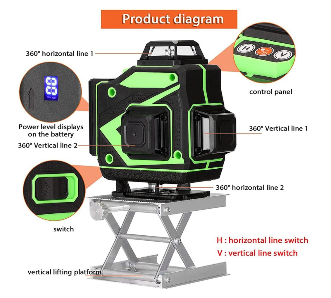 360 degree machine tool green beam laser cross 16 line self leveling 3d auto rotary construction nivel laser level lazer level