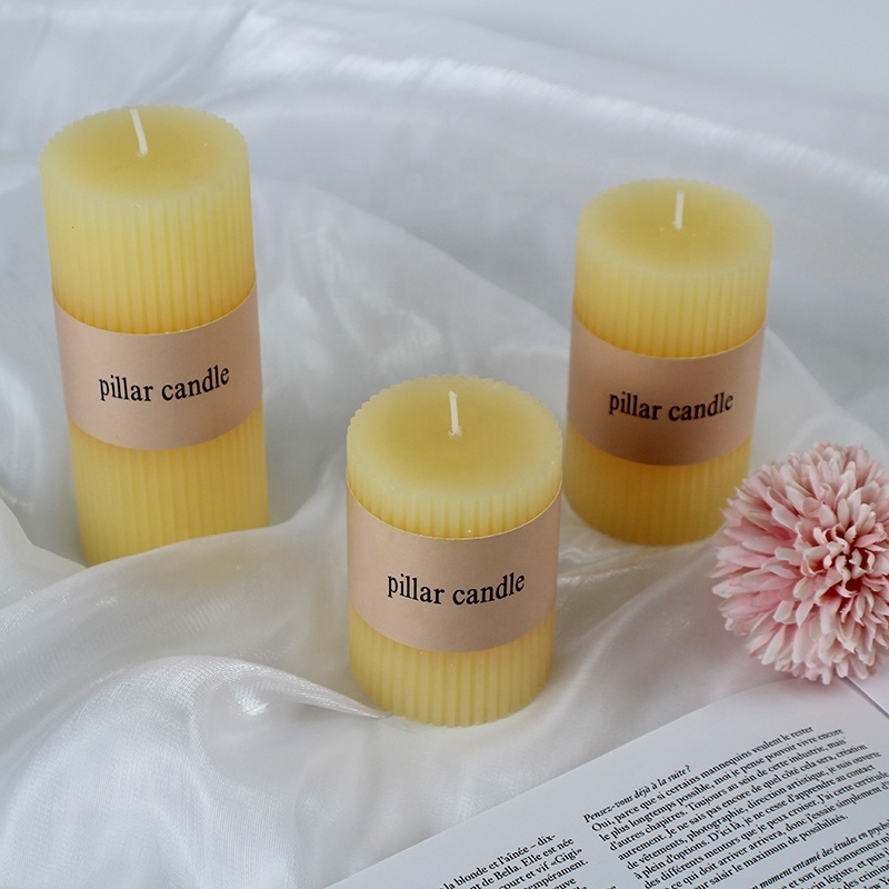 Wholesale Private Label Handmade Unscented White Pillar Candles  Large Pillar Organic Beeswax  Ribbed Candle