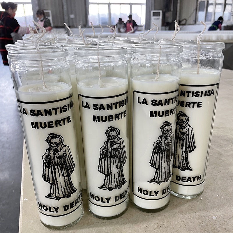 Factory Religious Candles Wholesale Custom Velas Santa Muerte Handmade 7 Days Mexican Glass jar Catholic White Religious Candle