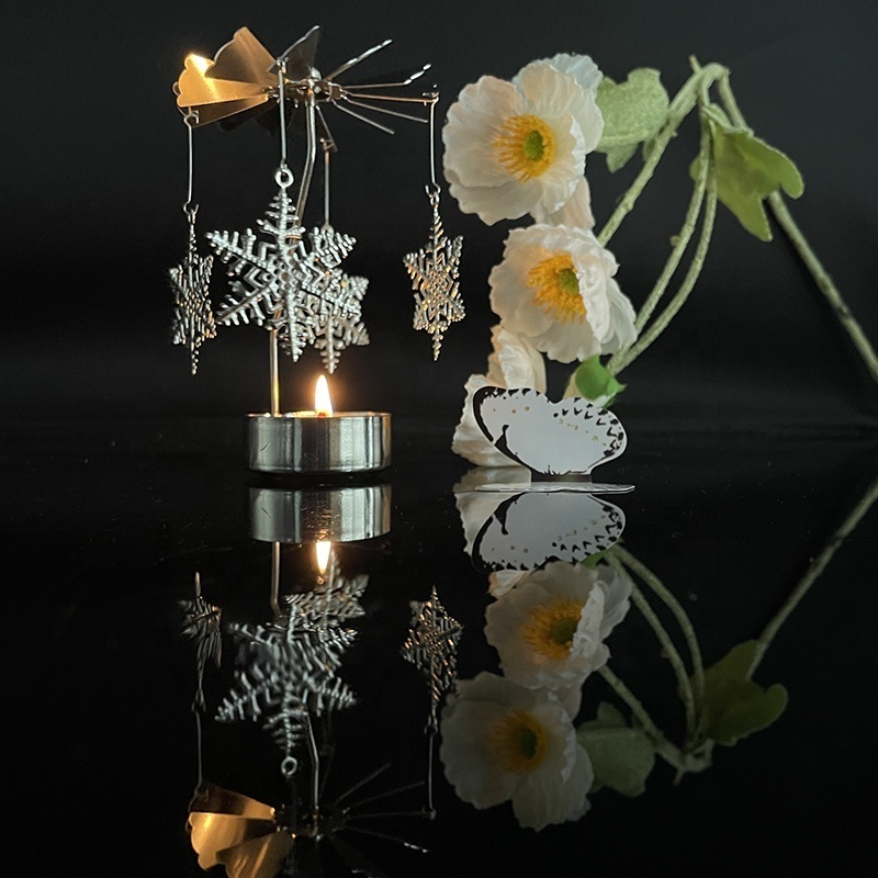 Customize Carousel Spinning decor scented candle accessories rotating candlestick for decor Snowflake Tea Light Candle Holder