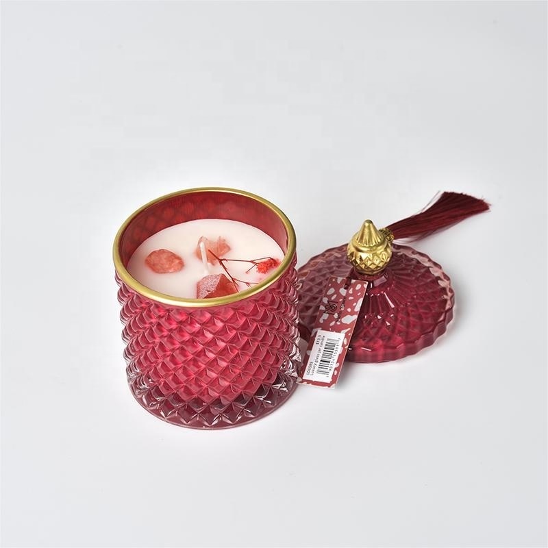 Aroma Organic Fragrance Luxury Diamond Embossed Flameless Soy Wax Scented Candles With Glass And Crystals Private Label