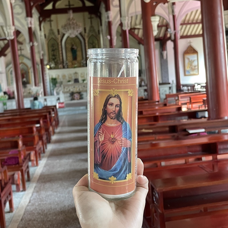 Wholesale Custom Religious Candles Printed Prayer Candle Catholic White Soy Wax for Handmade Mexican Religious Glass jars Candle