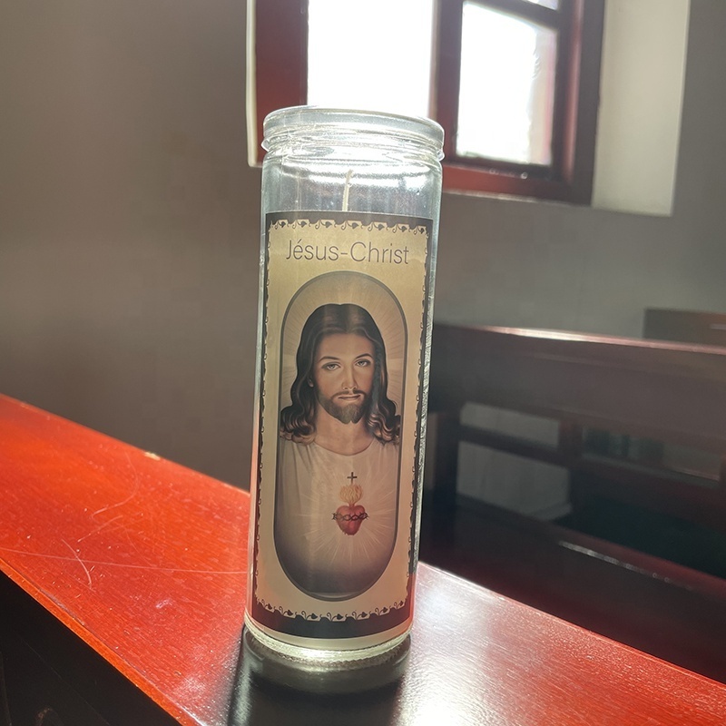 Wholesale Custom Religious Candles Printed Prayer Candle Catholic White Soy Wax for Handmade Mexican Religious Glass jars Candle