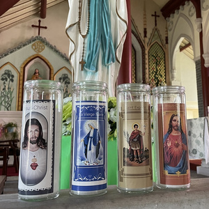 Wholesale Custom Religious Candles Printed Prayer Candle Catholic White Soy Wax for Handmade Mexican Religious Glass jars Candle