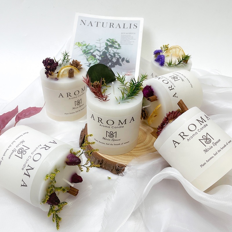 Customizable Handmade Romantic Aromatherapy Dried Flower Gift Set Wedding Decoration Scented Logo Wax Soy White Pillar Candle