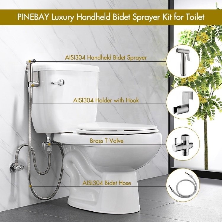 PINEBAY Stainless Steel Satin Bidet Attachment Toilet Shattaf Bidet Sprayer for Toilet