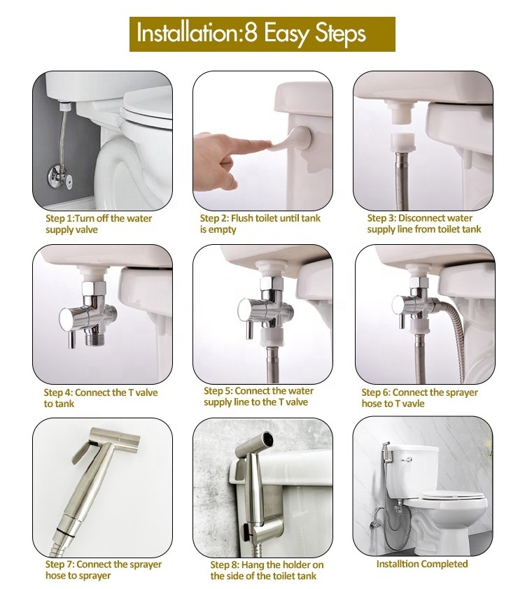 PINEBAY Stainless Steel Satin Bidet Attachment Toilet Shattaf Bidet Sprayer for Toilet