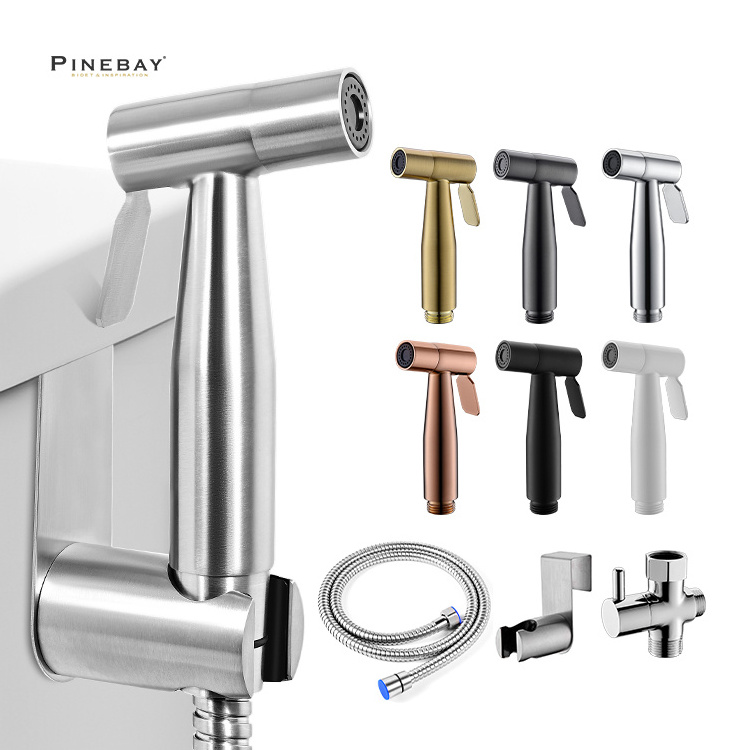 PINEBAY Brushed Nickel 304 Stainless Steel Bidet Set Handheld Toilet Bidets Faucet & Sprayer Horizontal Bathroom Spray Type