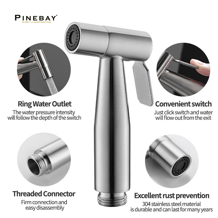 PINEBAY Brushed Nickel 304 Stainless Steel Bidet Set Handheld Toilet Bidets Faucet & Sprayer Horizontal Bathroom Spray Type