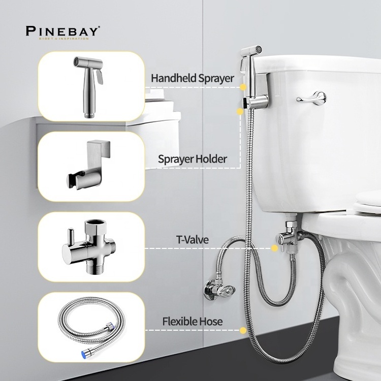 PINEBAY Brushed Nickel 304 Stainless Steel Bidet Set Handheld Toilet Bidets Faucet & Sprayer Horizontal Bathroom Spray Type