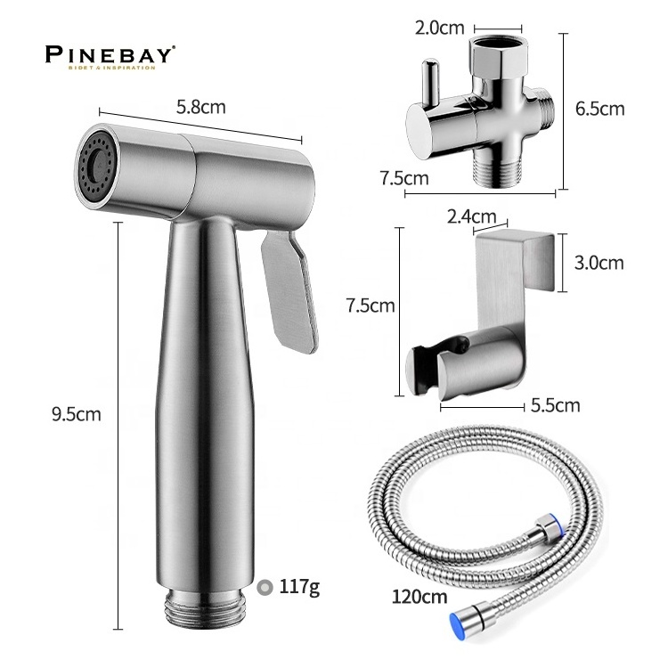 PINEBAY Brushed Nickel 304 Stainless Steel Bidet Set Handheld Toilet Bidets Faucet & Sprayer Horizontal Bathroom Spray Type