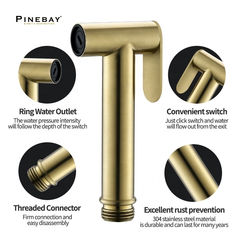 PINEBAY Good Quality Bathroom Luxury Brushed Gold Health Faucet Wall Mount Toilet Bidet Sprayer Set with Shower Hose and T-valve