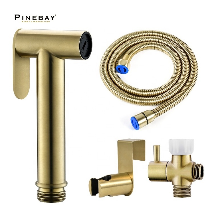 PINEBAY Good Quality Bathroom Luxury Brushed Gold Health Faucet Wall Mount Toilet Bidet Sprayer Set with Shower Hose and T-valve