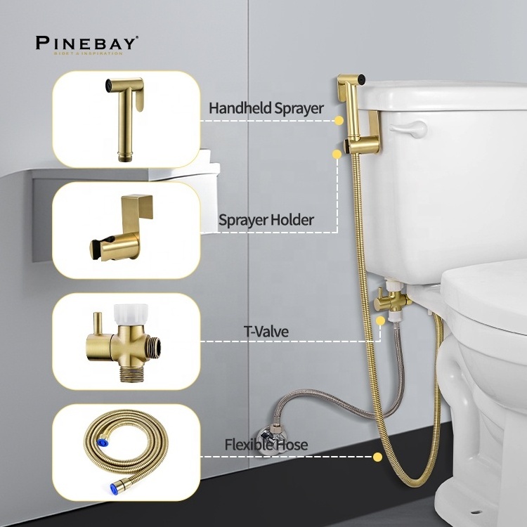 PINEBAY Good Quality Bathroom Luxury Brushed Gold Health Faucet Wall Mount Toilet Bidet Sprayer Set with Shower Hose and T-valve