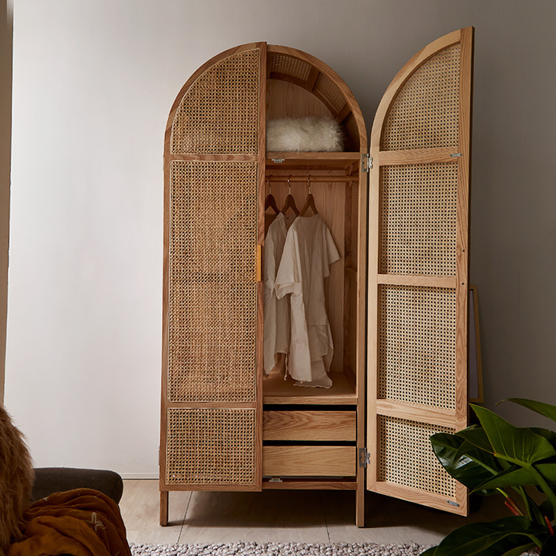 Simple rattan art cabinet modern simple solid wood frame wardrobe Northern Europe homestay bedroom wardrobe