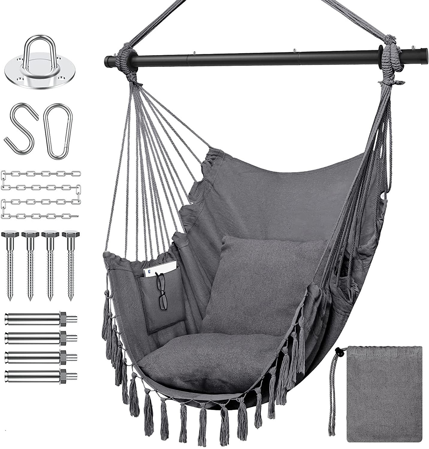 Hammock Chair Hanging Rope Swing Included Steel Spreader Bar with Anti-Slip Rings for Any Indoor or Outdoor Swing Spaces