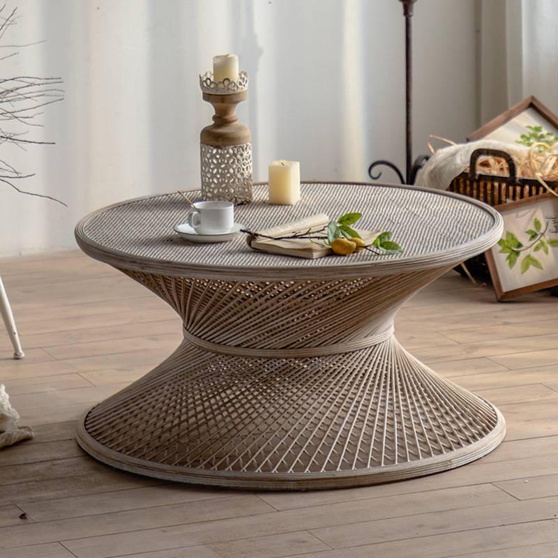 Guest house hotel living room rattan woven size tea table balcony bamboo cane round table arts reception tea table side several