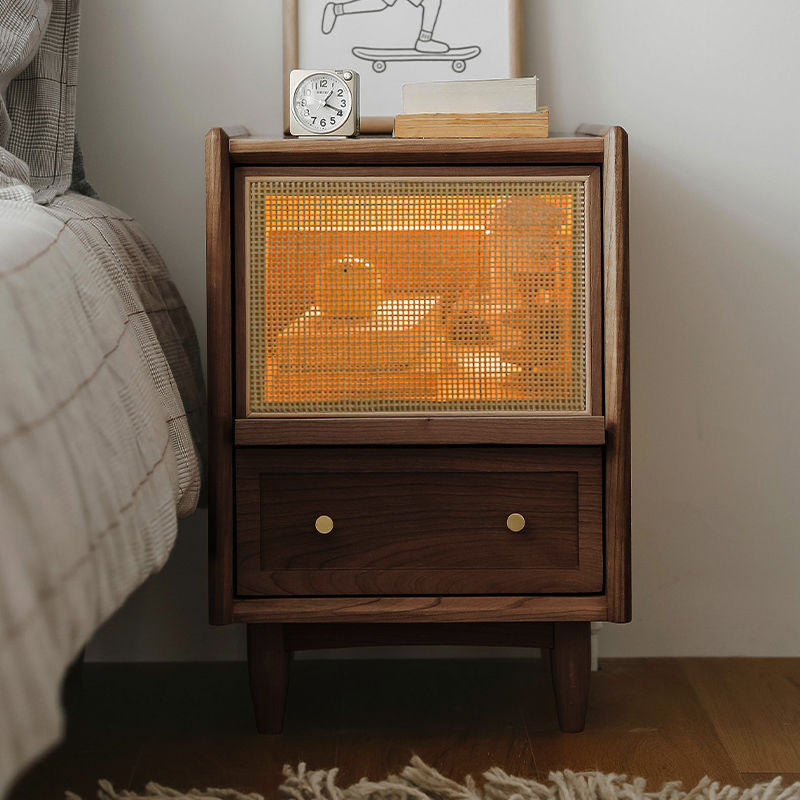 Solid wood simple small size with light one bedside cabinet small bedroom rattan storage narrow cabinet