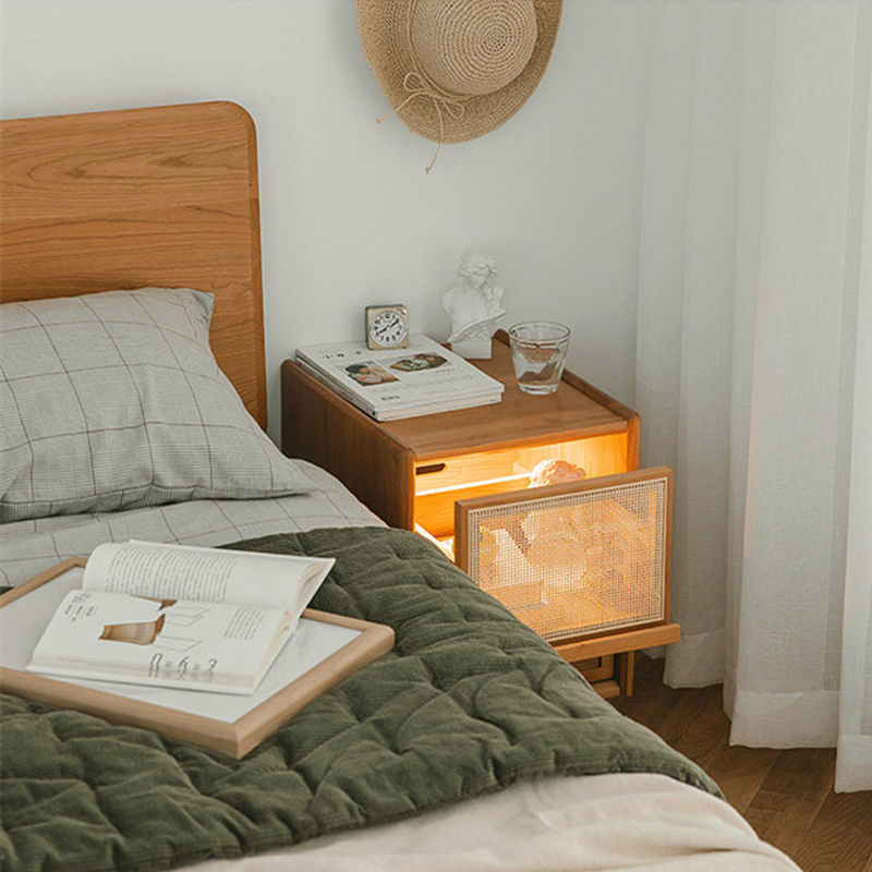 Solid wood simple small size with light one bedside cabinet small bedroom rattan storage narrow cabinet