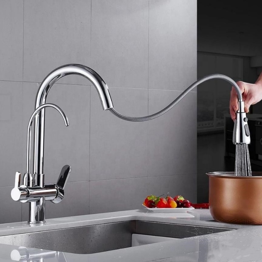 Torneira Cozinha Gourmet Cromada Extensivel Bica Dupla para Filtro Brass Silver Kitchen Faucet Drinking Water Faucet