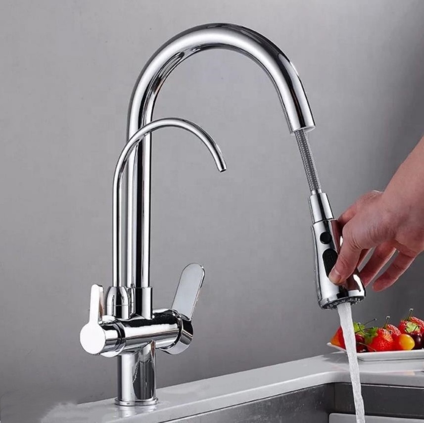 Torneira Cozinha Gourmet Cromada Extensivel Bica Dupla para Filtro Brass Silver Kitchen Faucet Drinking Water Faucet