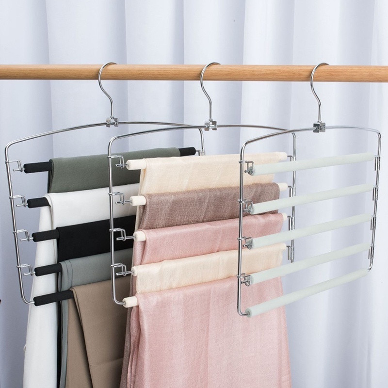 Pants Hangers 5 Layers Swing Arm Trousers Hanger Space Saving Pants Rack Jeans Hangers with Non-Slip Multiple Closet Organizer