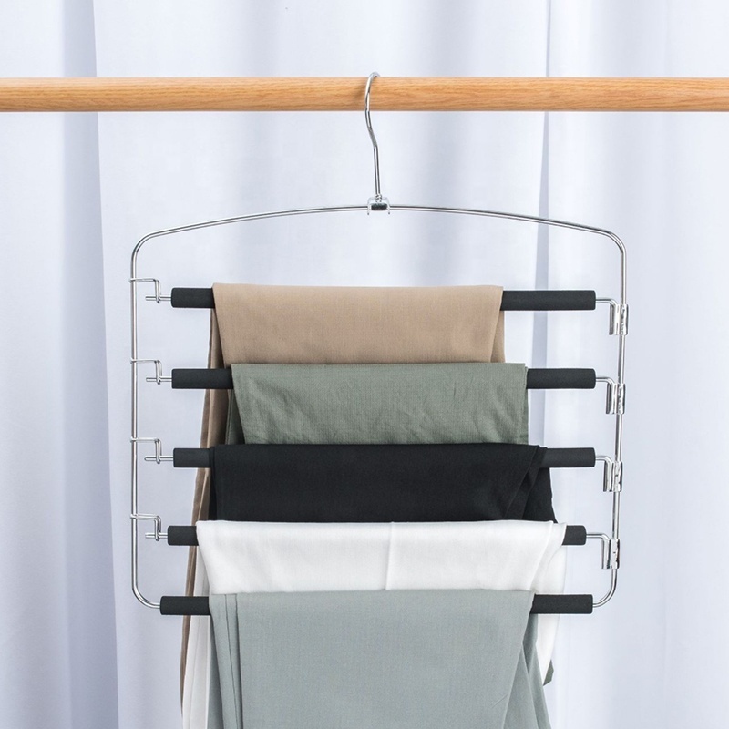 Pants Hangers 5 Layers Swing Arm Trousers Hanger Space Saving Pants Rack Jeans Hangers with Non-Slip Multiple Closet Organizer