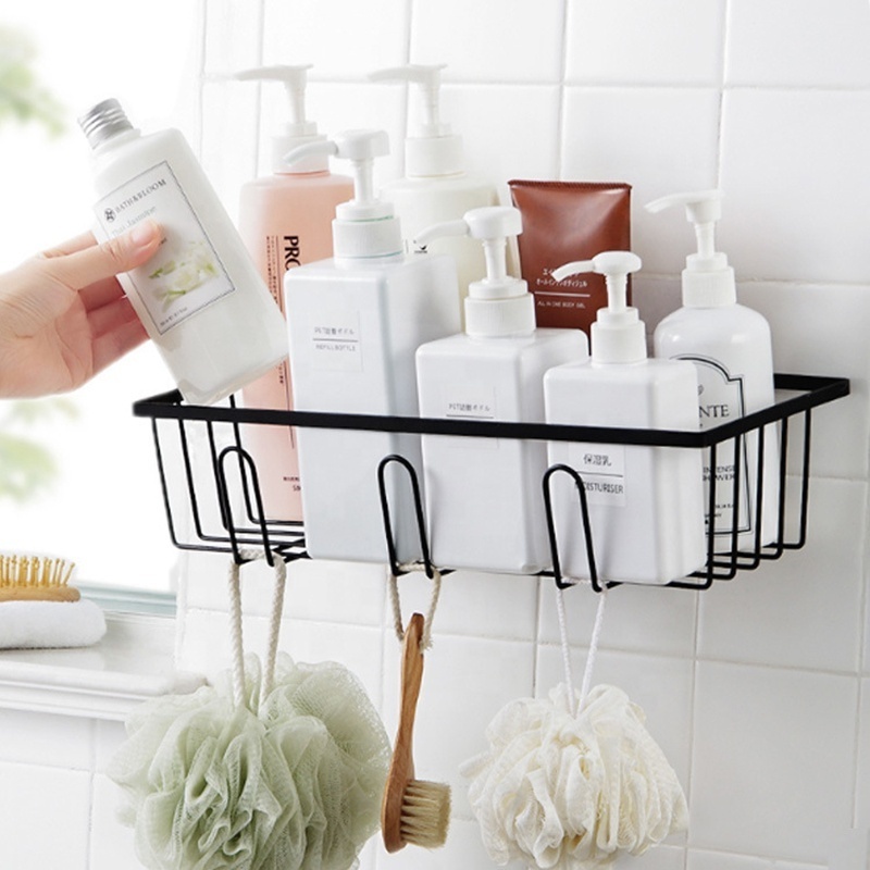 Wall-Mounted Bathroom Shelf No Punching Iron Toiletries Storage Rack with Hook for Shampoo Shower Gel Organizer