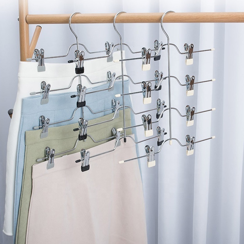 Skirt Hangers 4 Tier Metal Pants Hangers with Adjustable Clips Space Saving Hangers Closet Organizer for Skirts Slacks Jeans