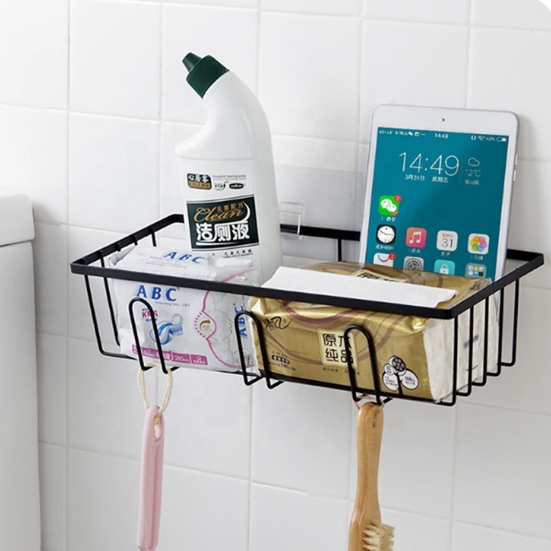 Wall-Mounted Bathroom Shelf No Punching Iron Toiletries Storage Rack with Hook for Shampoo Shower Gel Organizer