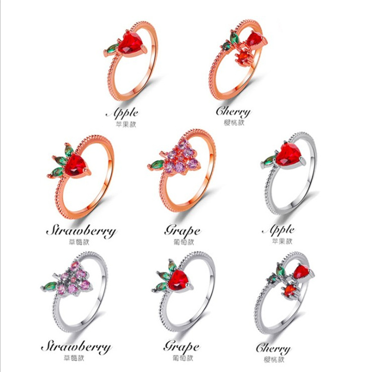 New cute fruit ring fun wild cherry strawberry grape rose gold and silver ring ins style sweet girl ring