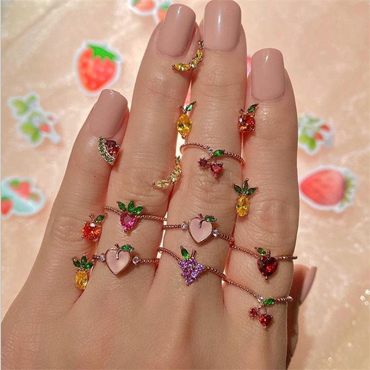 New cute fruit ring fun wild cherry strawberry grape rose gold and silver ring ins style sweet girl ring