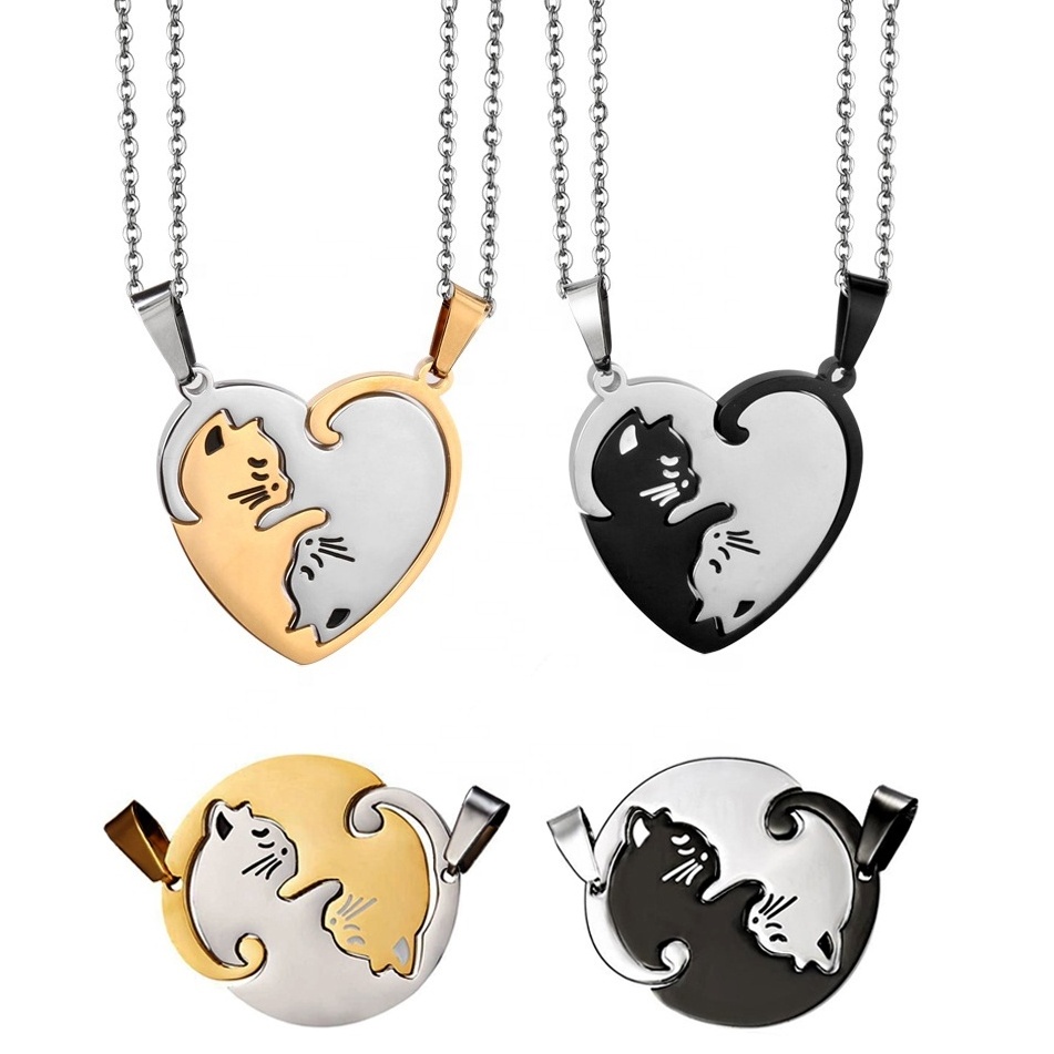 Valentine's Day Gift 2pcs/Pair Round Heart Pendant Best Friend Couples Stainless Steel Matching Yin Yang Cat Necklace Jewelry