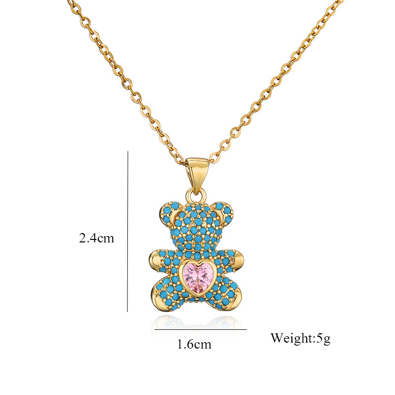 Luxury Delicate 18k Gold Plated Stainless Steel Chain Full CZ Zircon Bling Charm Teddy Bear Pendant Necklace Jewelry For Women