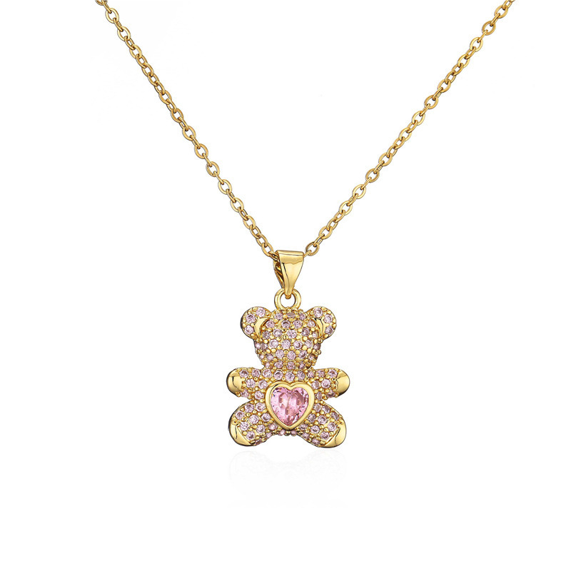 Luxury Delicate 18k Gold Plated Stainless Steel Chain Full CZ Zircon Bling Charm Teddy Bear Pendant Necklace Jewelry For Women