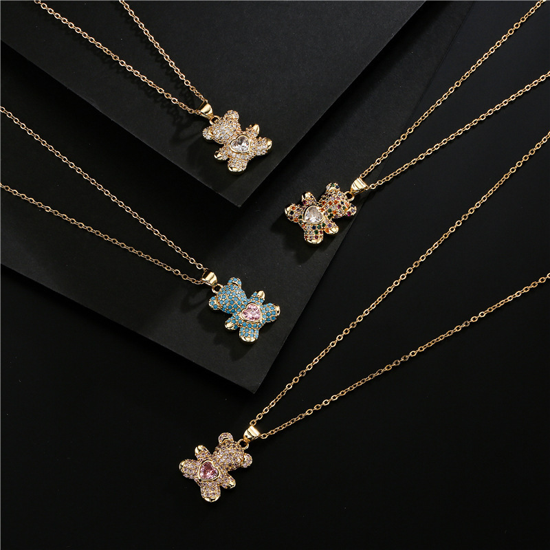 Luxury Delicate 18k Gold Plated Stainless Steel Chain Full CZ Zircon Bling Charm Teddy Bear Pendant Necklace Jewelry For Women