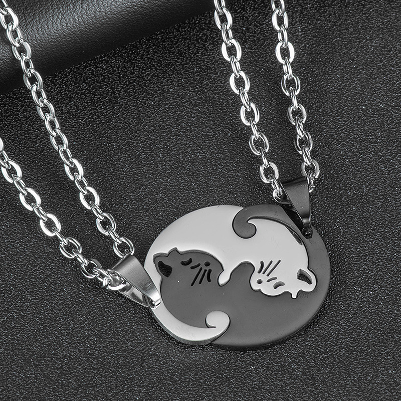 Valentine's Day Gift 2pcs/Pair Round Heart Pendant Best Friend Couples Stainless Steel Matching Yin Yang Cat Necklace Jewelry