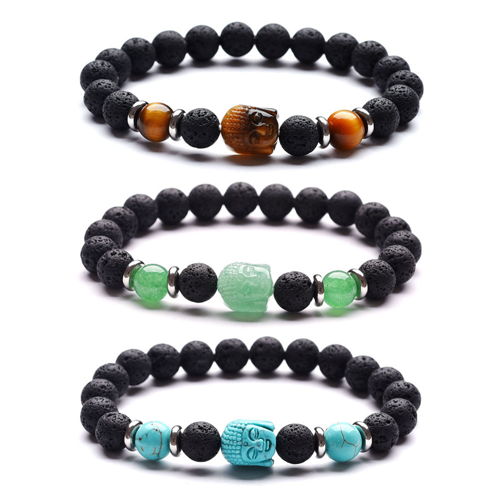 Wholesale Charm Gem Natural Tiger Eye Quartz Turquoise Amethyst Lava Stone Bead Mens Woman Buddha Head Bracelet Jewelry