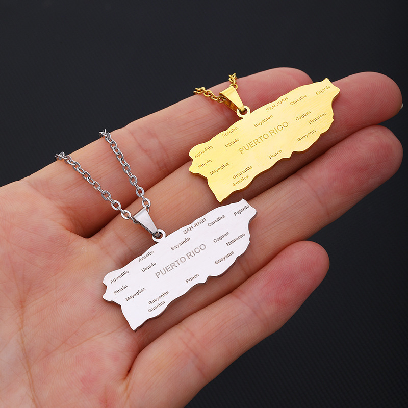 High Quality 18K Gold Silver PVD Plated Stainless Steel Puerto Rico Map Necklace Jewelry For Women