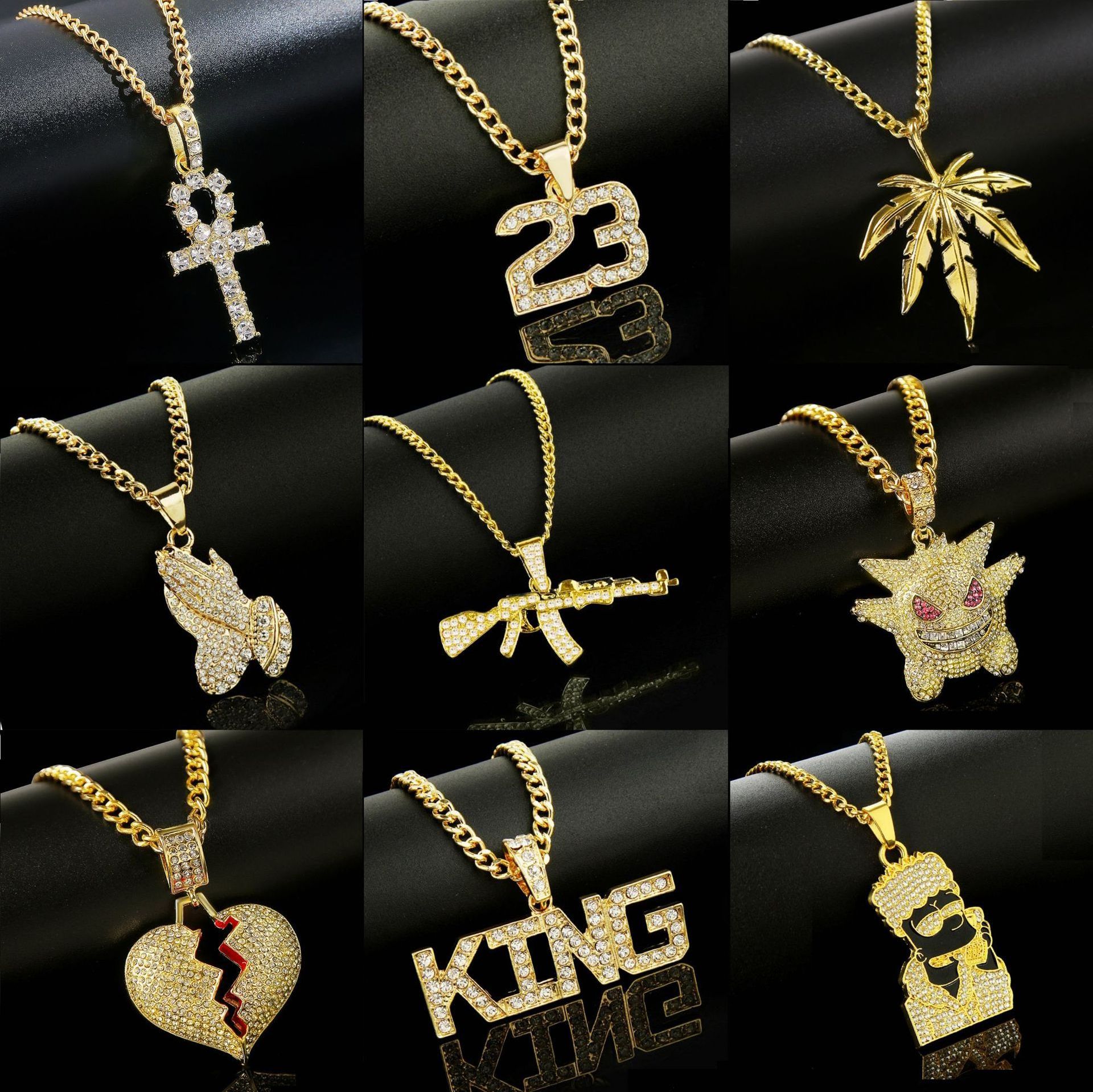 Rock Punk Gold Plated Cuban Chain Woman Men Full Diamond Dollar Boss Queen Cross Gun Heart King Lion Hip Hop Necklace Jewelry