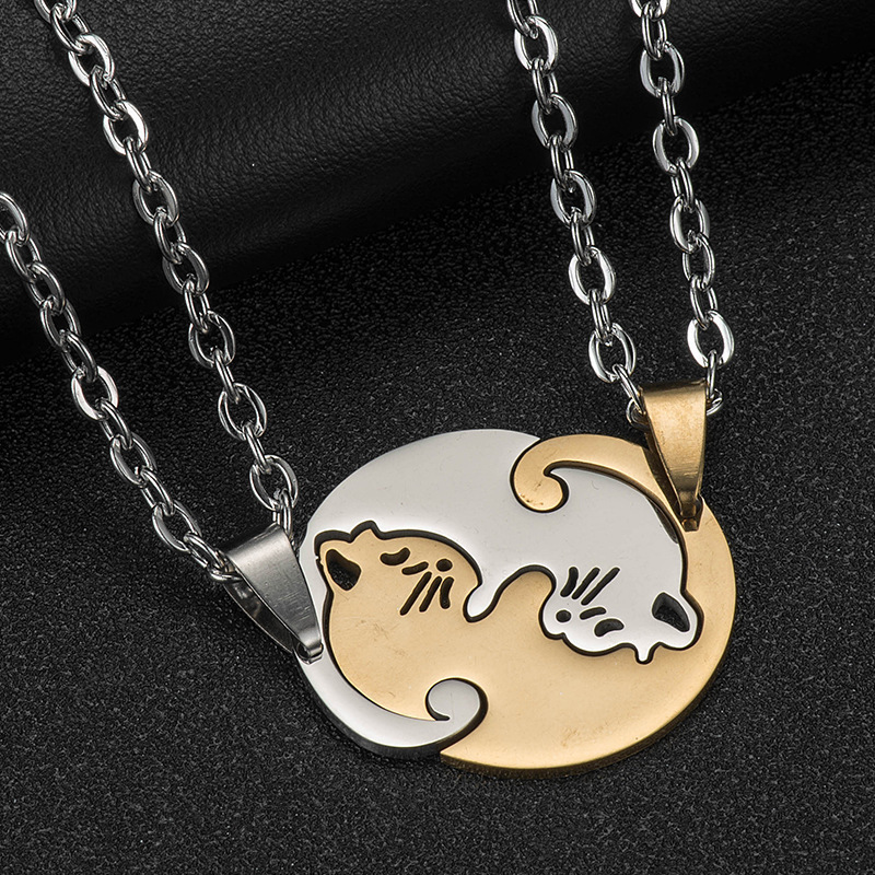 Valentine's Day Gift 2pcs/Pair Round Heart Pendant Best Friend Couples Stainless Steel Matching Yin Yang Cat Necklace Jewelry