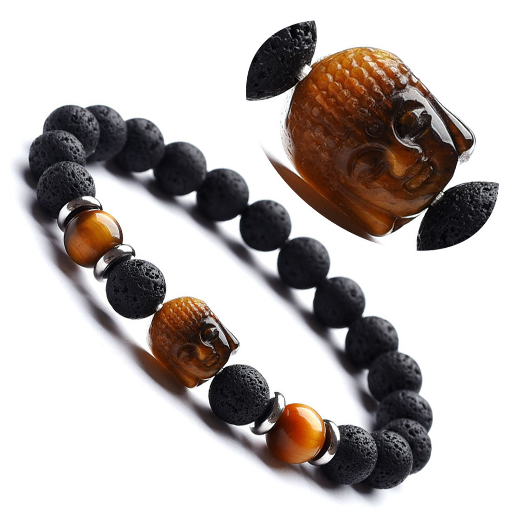 Wholesale Charm Gem Natural Tiger Eye Quartz Turquoise Amethyst Lava Stone Bead Mens Woman Buddha Head Bracelet Jewelry