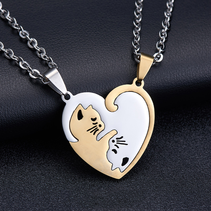 Valentine's Day Gift 2pcs/Pair Round Heart Pendant Best Friend Couples Stainless Steel Matching Yin Yang Cat Necklace Jewelry