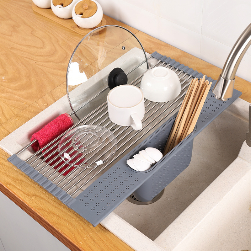 Roll Up Dish Drying Rack Over The Sink Large Size Multipurpose Foldable Stainless Steel Over Sink with Utensil Holder