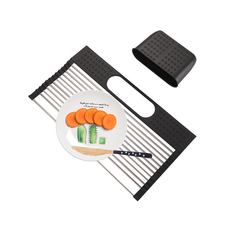 Roll Up Dish Drying Rack Over The Sink Large Size Multipurpose Foldable Stainless Steel Over Sink with Utensil Holder