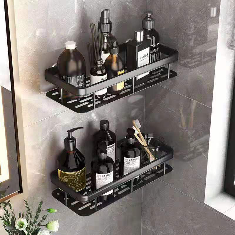 No Drilling Wall Mounted Suction Cup Shower Caddy Bathroom Organizer Aluminum Rack Black Storage Shelf with Sticker