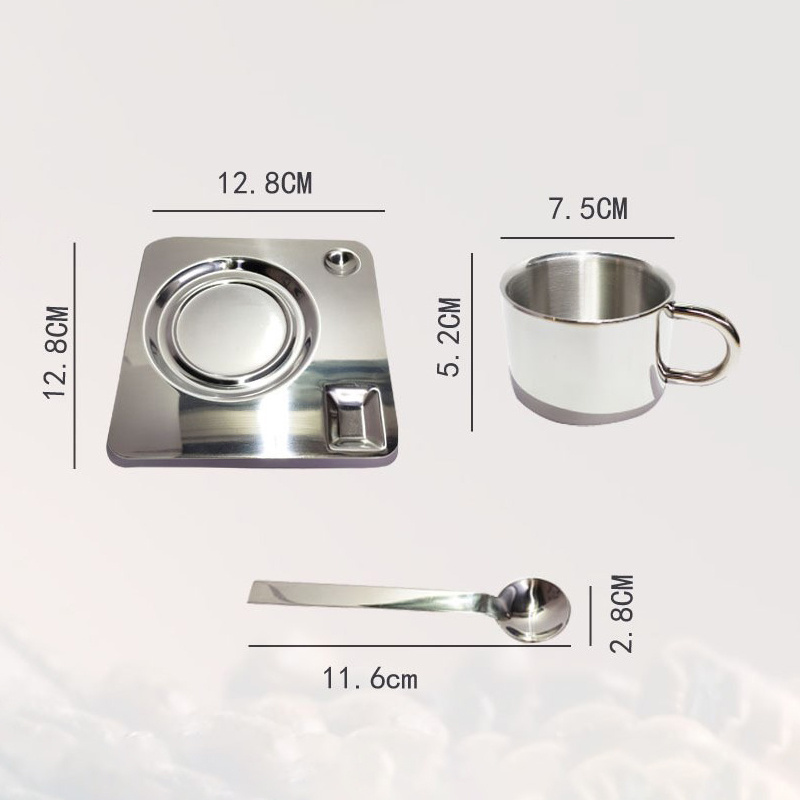 Stainless Steel Coffee Cup Set  Double Walled Coffee Mugs with Saucer and Spoon, Cappuccino Coffee Latte Tea Espresso Mug