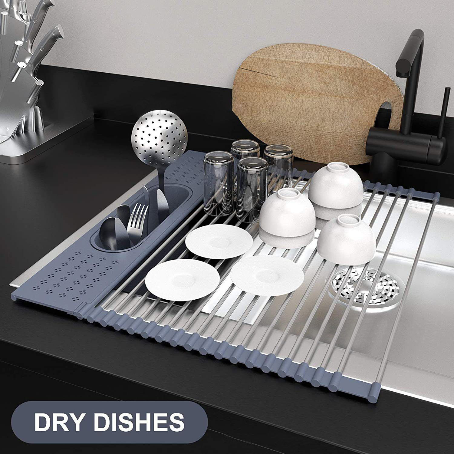 Roll Up Dish Drying Rack, Over the Sink Dish Drying Rack for Kitchen Counter Sink, Stainless Steel Sink Drying Rack