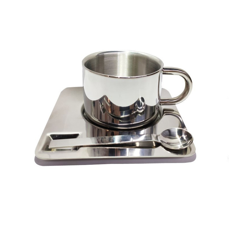 Stainless Steel Coffee Cup Set  Double Walled Coffee Mugs with Saucer and Spoon, Cappuccino Coffee Latte Tea Espresso Mug