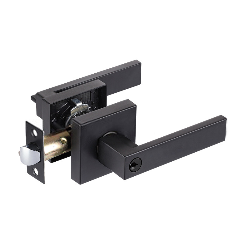 Iron Black Door Lock Contemporary Square Entry Lever Door Handle Reversible Push Bar Lock Set